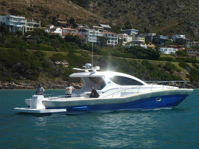 Blue and white M2 45 on the water