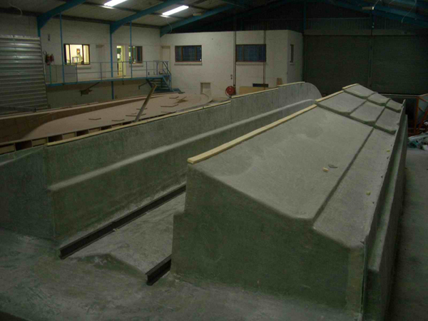 Large catamaran hull tooling in the build hall